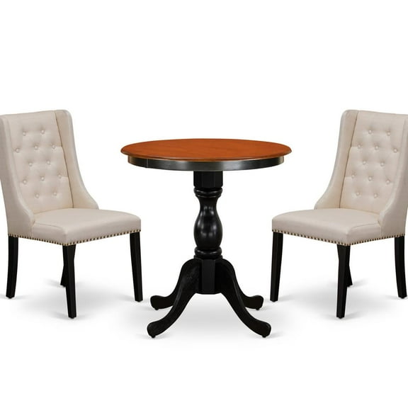 East West Furniture 3-Piece Mid Century Dining Set Consist of Dining Table and 2 Cream Linen Fabric Parson Chairs with Button Tufted Back - Black Finish