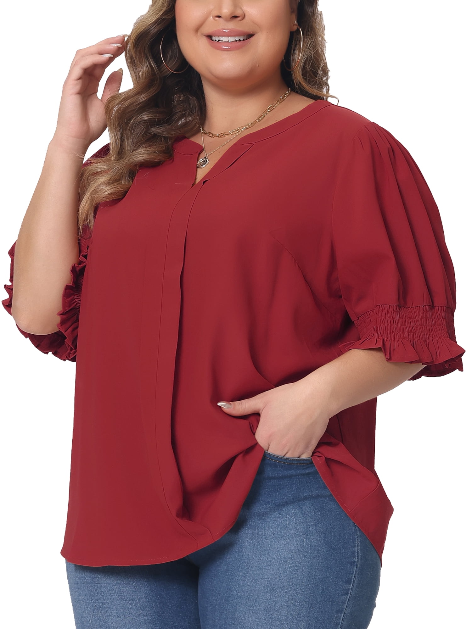 DARING DIVA Women's Plus Top Notched V Neck Puff Blouse Tops 1X Burgundy