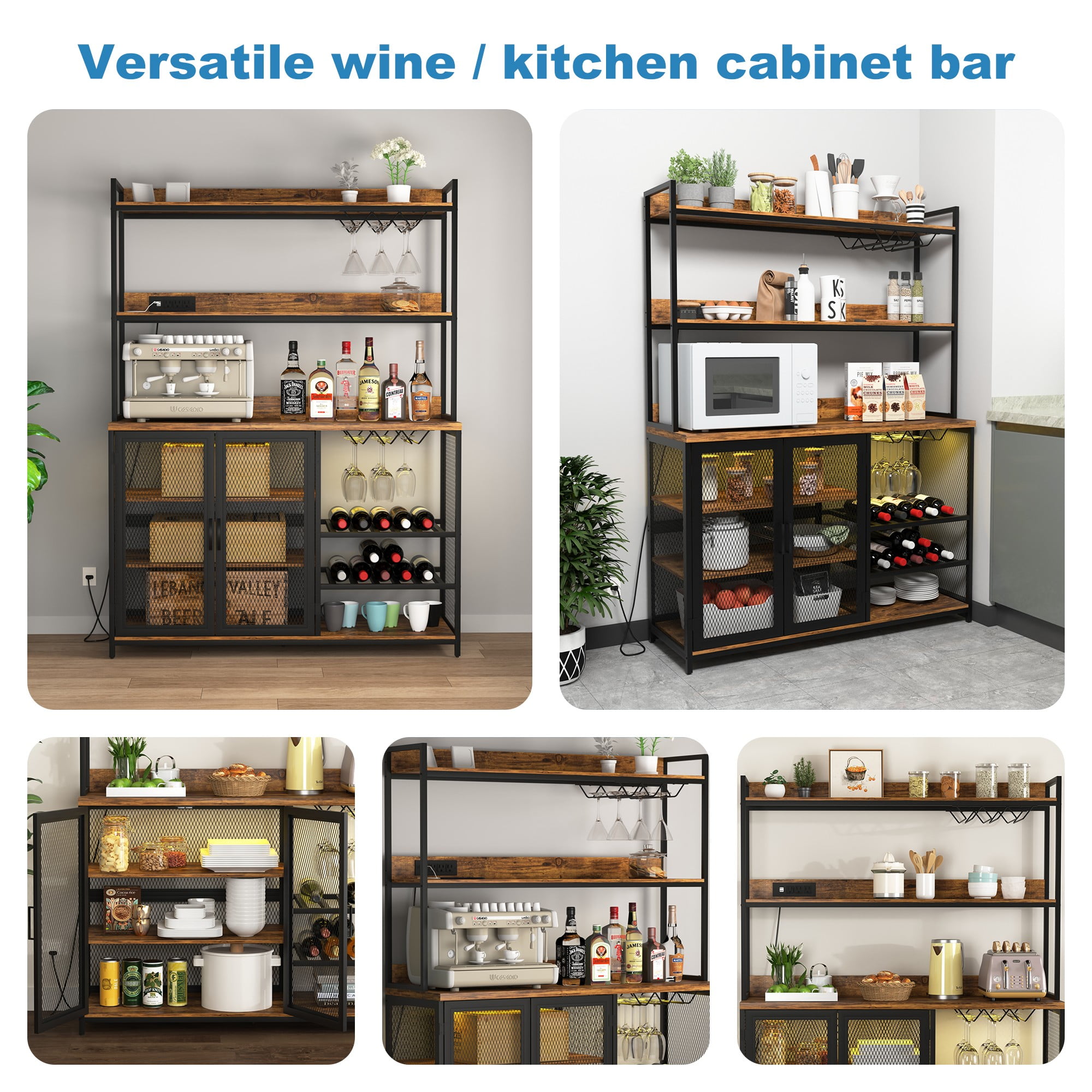 Finihen Coffee Bar Cabinet, Industrial Buffet Cabinet with LED Strip and Glass Holder, 3-Tiers Liquor Cabinet Bar for Home, Dining Room, Kitchen, Brown Finihen Coffee Bar Cabinet, Industrial Buffet Cabinet with LED Strip and Glass Holder, 3-Tiers Liquor Cabinet Bar for Home, Dining Room, Kitchen, Brown