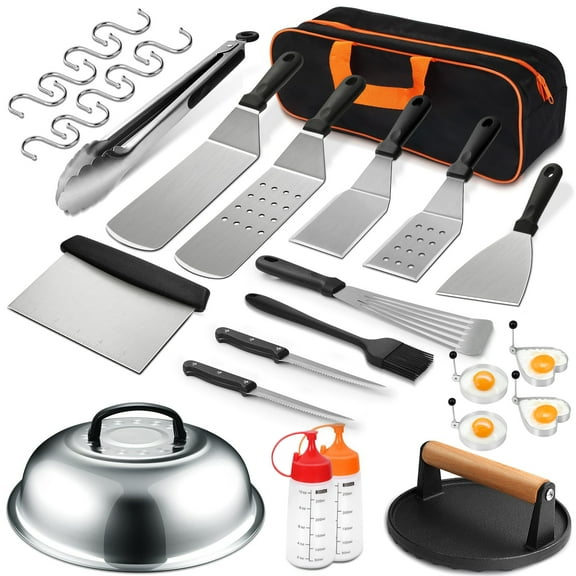 Mibote Stainless Steel Griddle Tool Kit, Compact Outdoor BBQ Toolkit - Set of 30