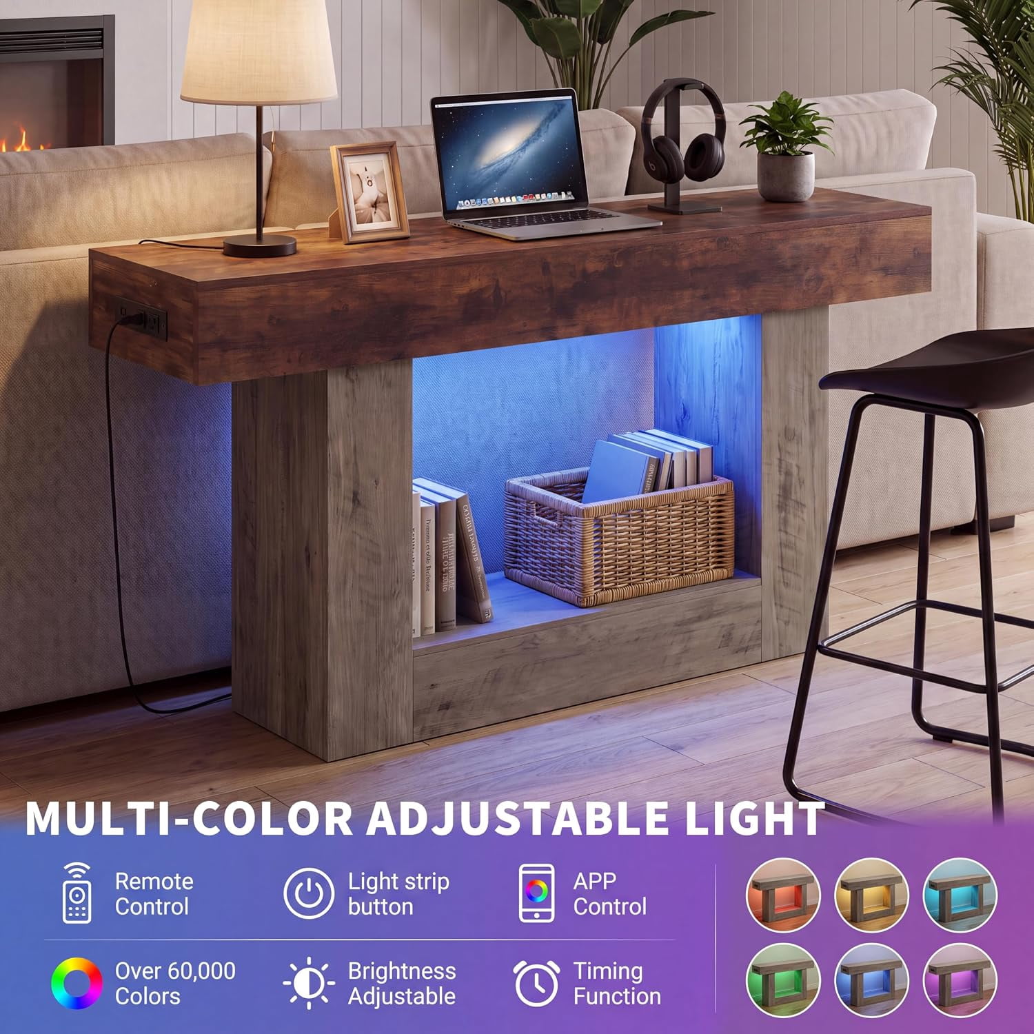 55” Entryway Table with Charging Station & LED Light, Narrow Sofa Table for Hallway Living Room, Modern Farmhouse Console Table with Storage Shelf, Brown and Gray