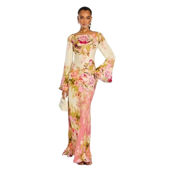 Floral Print Long-Sleeved Bell-Sleeve Evening Dress