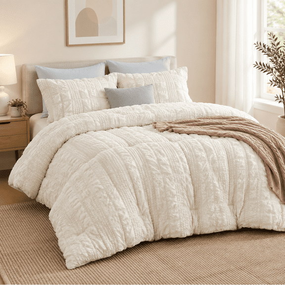 Cream Queen(90"x90") Seersucker 3-Piece Comforter Bedding Set