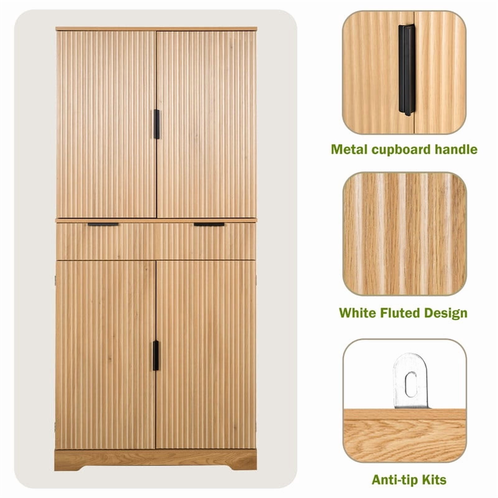72'' Tall Fluted Kitchen Pantry Hutch with Rack & Drawer, Multi-Functional Storage Cabinet, Freestanding Cupboard Organizer