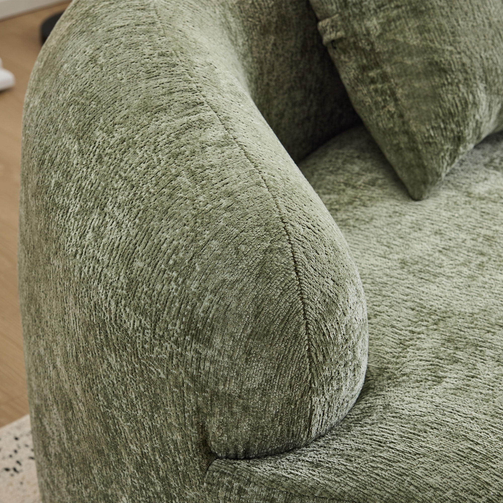 Green Curved Loveseat Sofa with Round Armrest, Teddy Velvet Fabric Compression Couch with 2 Pillows, Cream Couch for Small Space, Living Room, Bedroom, No Assembly