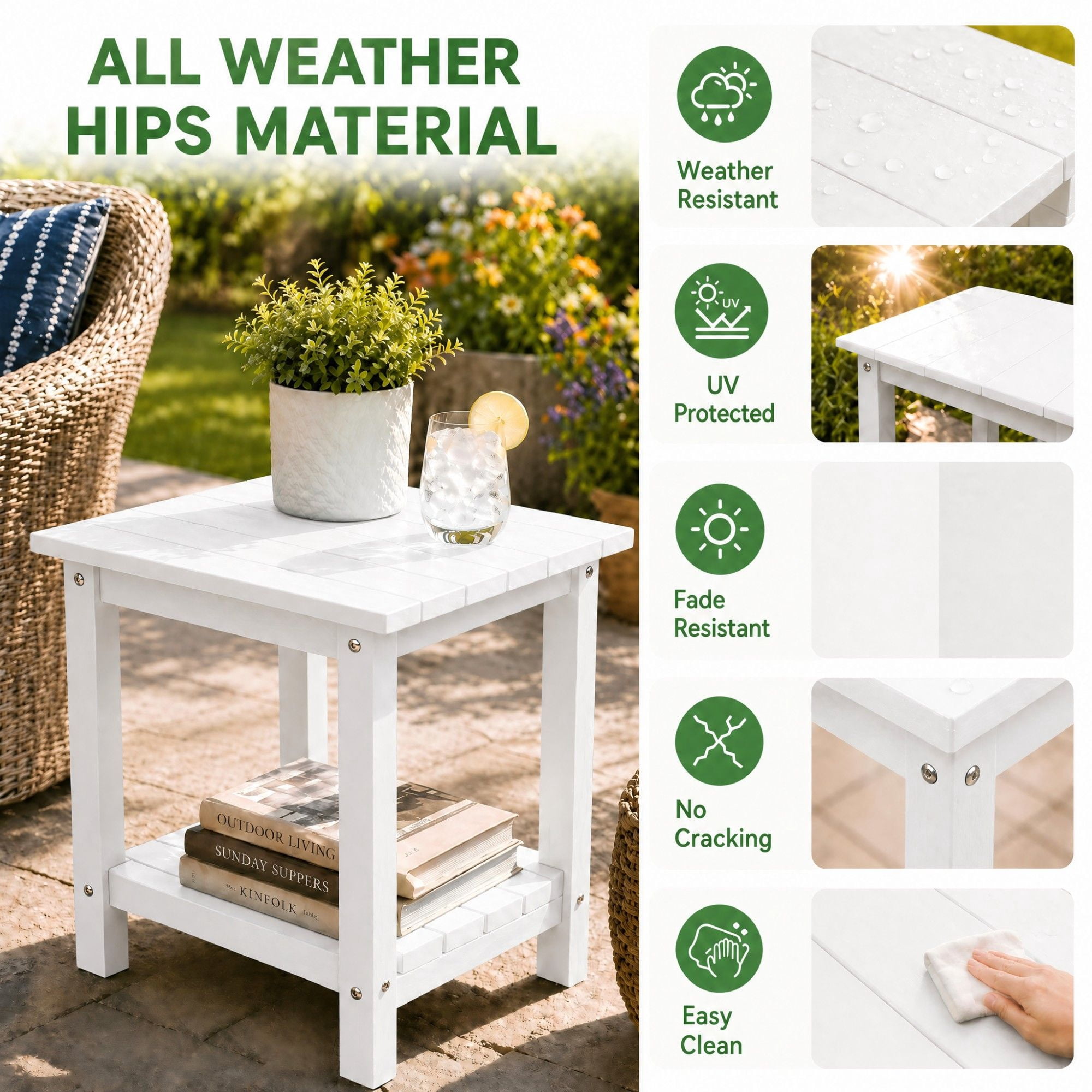 Y&M Outdoor Side Table, HDPE Patio End Table for Adirondack Chair, Weather Resistant Small Accent Table, White, Double Layer