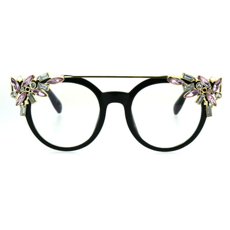 Womens Art Deco Rhinestone Jewel Diva Clear Lens Eye Glasses Black Gold