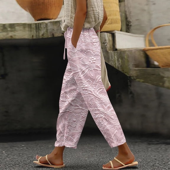 Wide Leg Pants Woman Womens Linen Pants High Waisted Elastic Drawstring Lounge Trousers Beach Palazzo Pants with Pockets 33-Pink XXL
