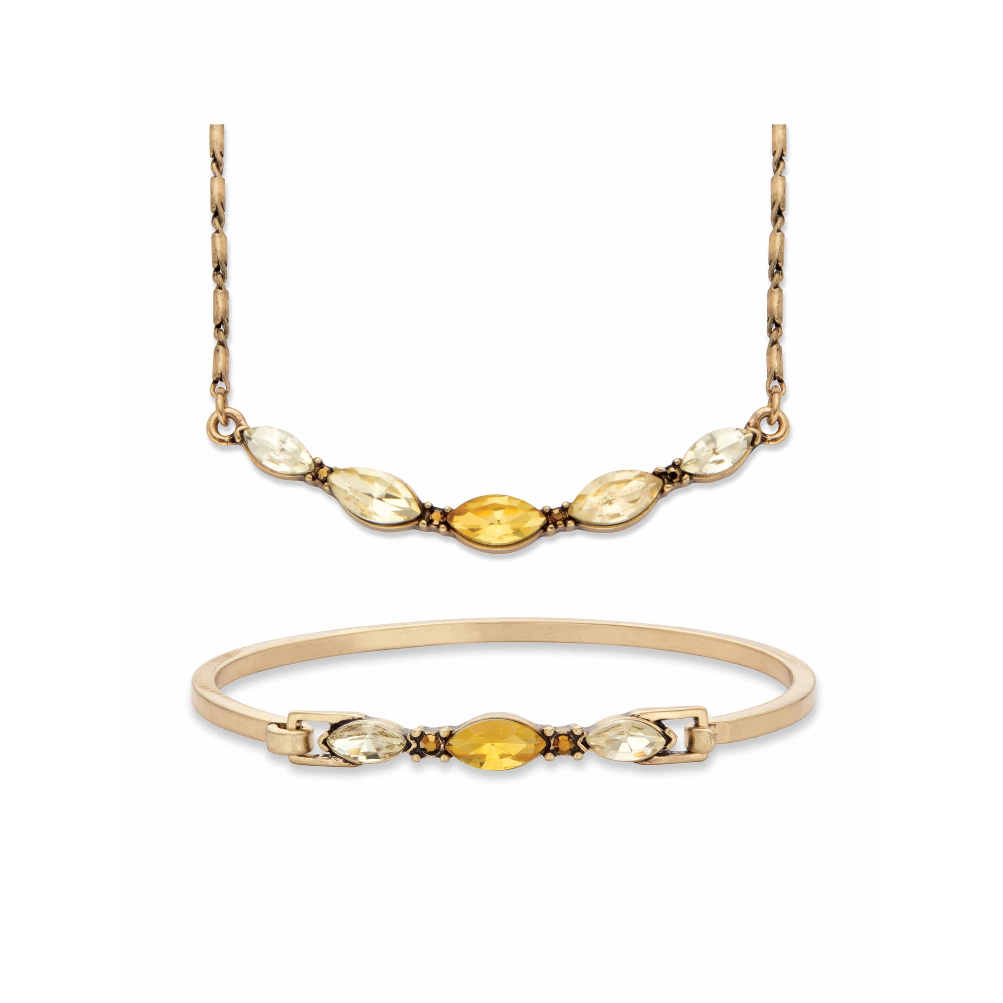 PalmBeach Jewelry Champagne and Canary Yellow Marquise-Cut Crystal 2-Piece Barrel-Link Necklace and Bangle Bracelet Set in Goldtone 17"-19"