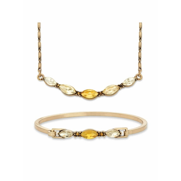 PalmBeach Jewelry Champagne and Canary Yellow Marquise-Cut Crystal 2-Piece Barrel-Link Necklace and Bangle Bracelet Set in Goldtone 17"-19"