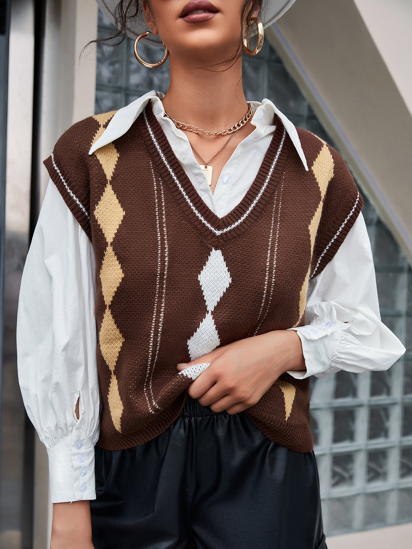 Coffee Brown Argyle Pattern V neck 
