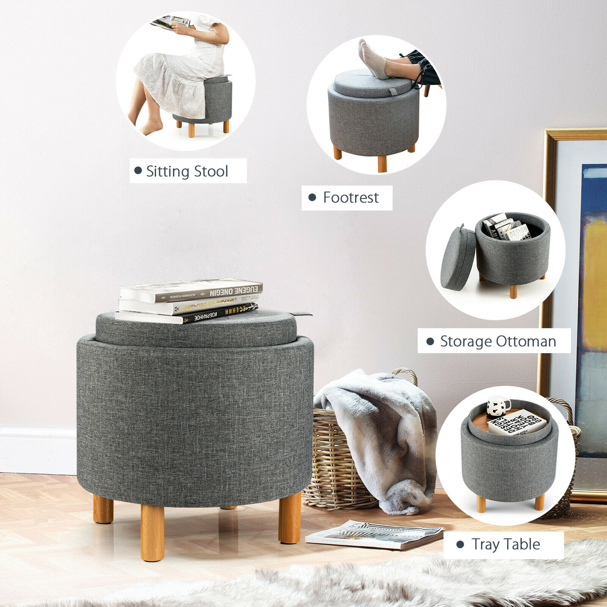 Gymax Accent Padded Footrest w/Tray Top Round Storage Ottoman w/Wood Legs Grey