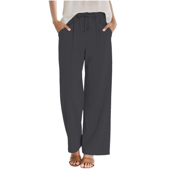 Ohufall Pants for Women Wide Leg Linen Pant Summer Casual Palazzo Solid Color Pants with Pocket Drawstring Loose Lightweight Pants