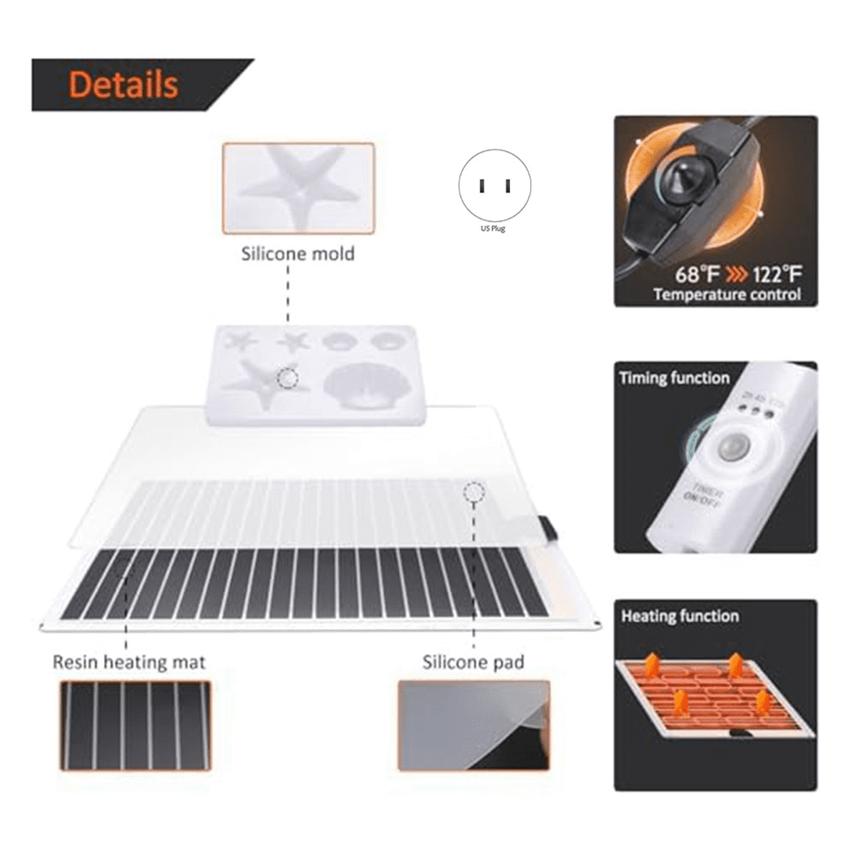 Resin Heating Pad, Resin Mold Heating Pad Kit, Silicone Pad Mold with Timer Cover, Suitable for Beginners US Plug