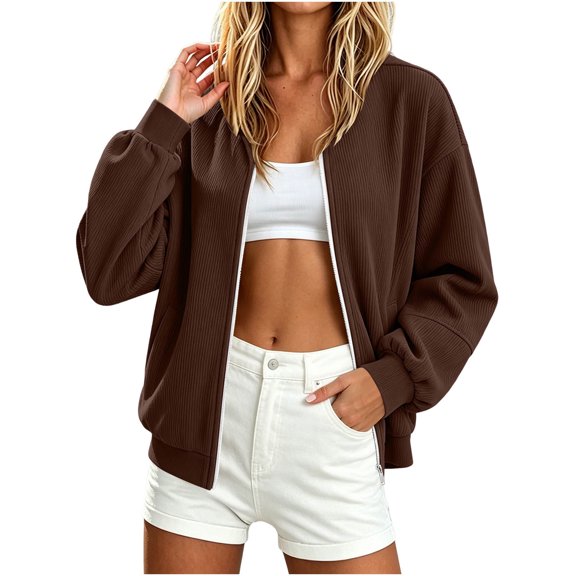 cocolona Womens Zip Up Jacket Casual Long Sleeve Crew Neck Coat Trendy Lightweight Corduroy Outerwear Coat