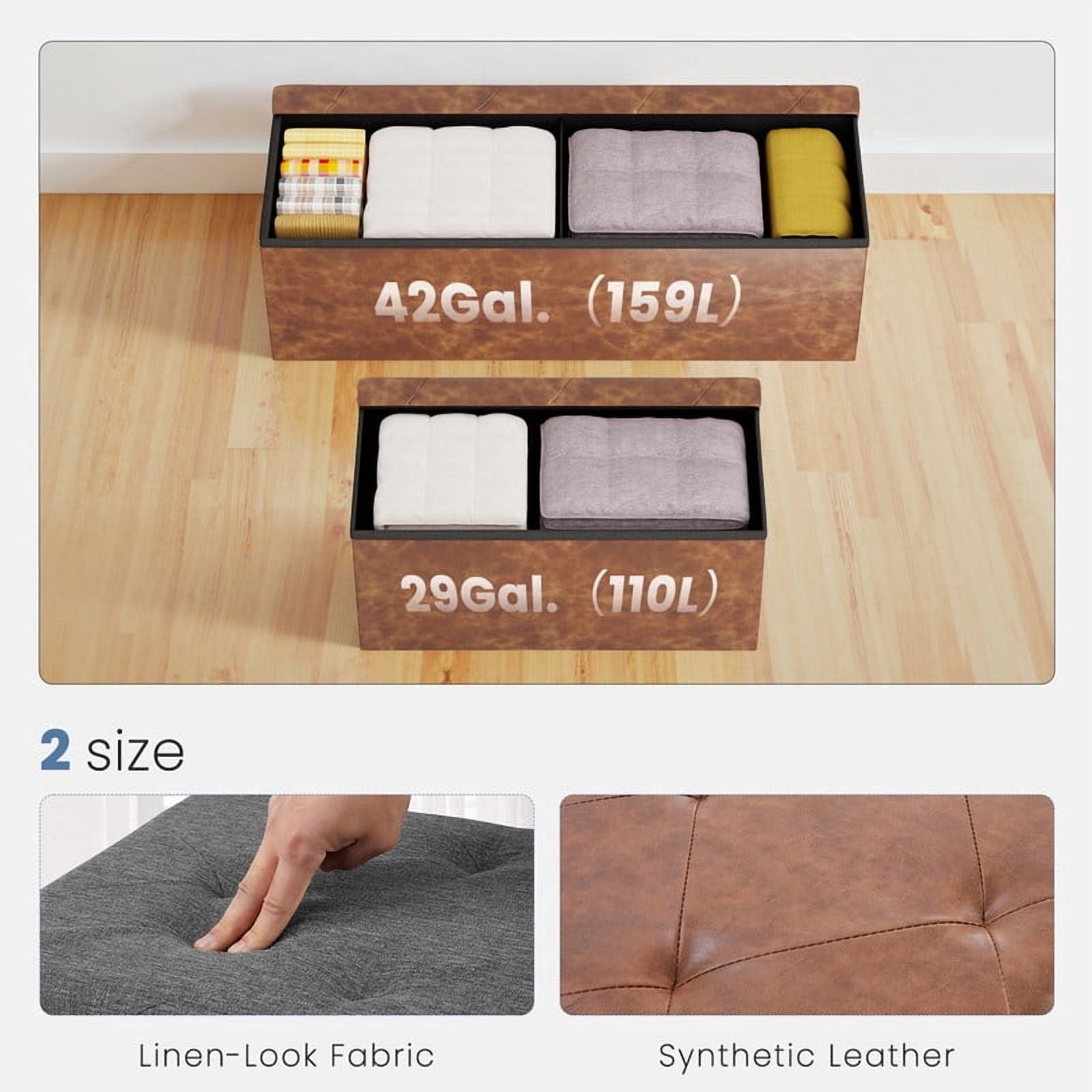 Gianna 30 Inches Folding Ottoman with Storage Bench, Foot Rest Stool, End of Bed Storage Bench Upholstered, Load 660 lbs, for Living Room, Synthetic Leather, Brown