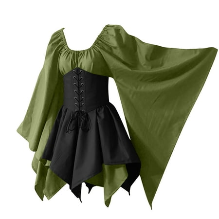 Brglopf Women s Retro Medieval Renaissance Costume Dresses Plus Size Vintage Flare Long Sleeve Gothic Dress with Corset Party Short Mini Dress(Light Green M)
