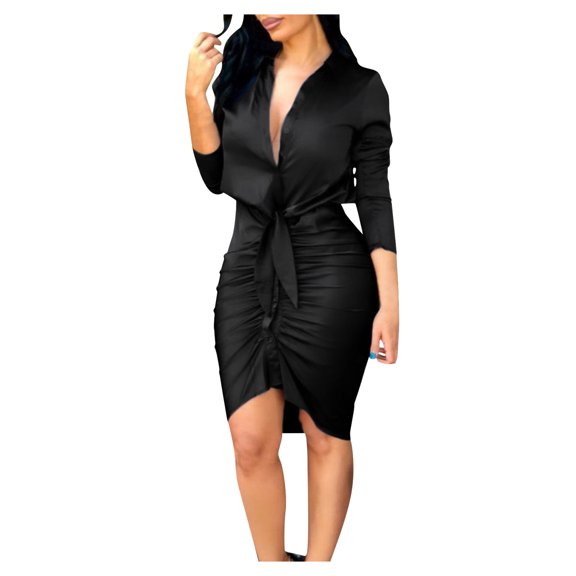 Winter Fall Dresses for Women Long Sleeve Fashion V-neck Solid Color Lace-up Casual Dress