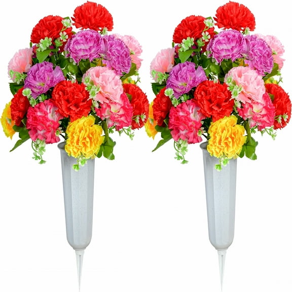ZULAR Cemetery Flowers,Set of 2 Artificial Carnation Bouquet Grave Memorial Flowers with Vase for Cemetery Headstones Decoration (Carnation)