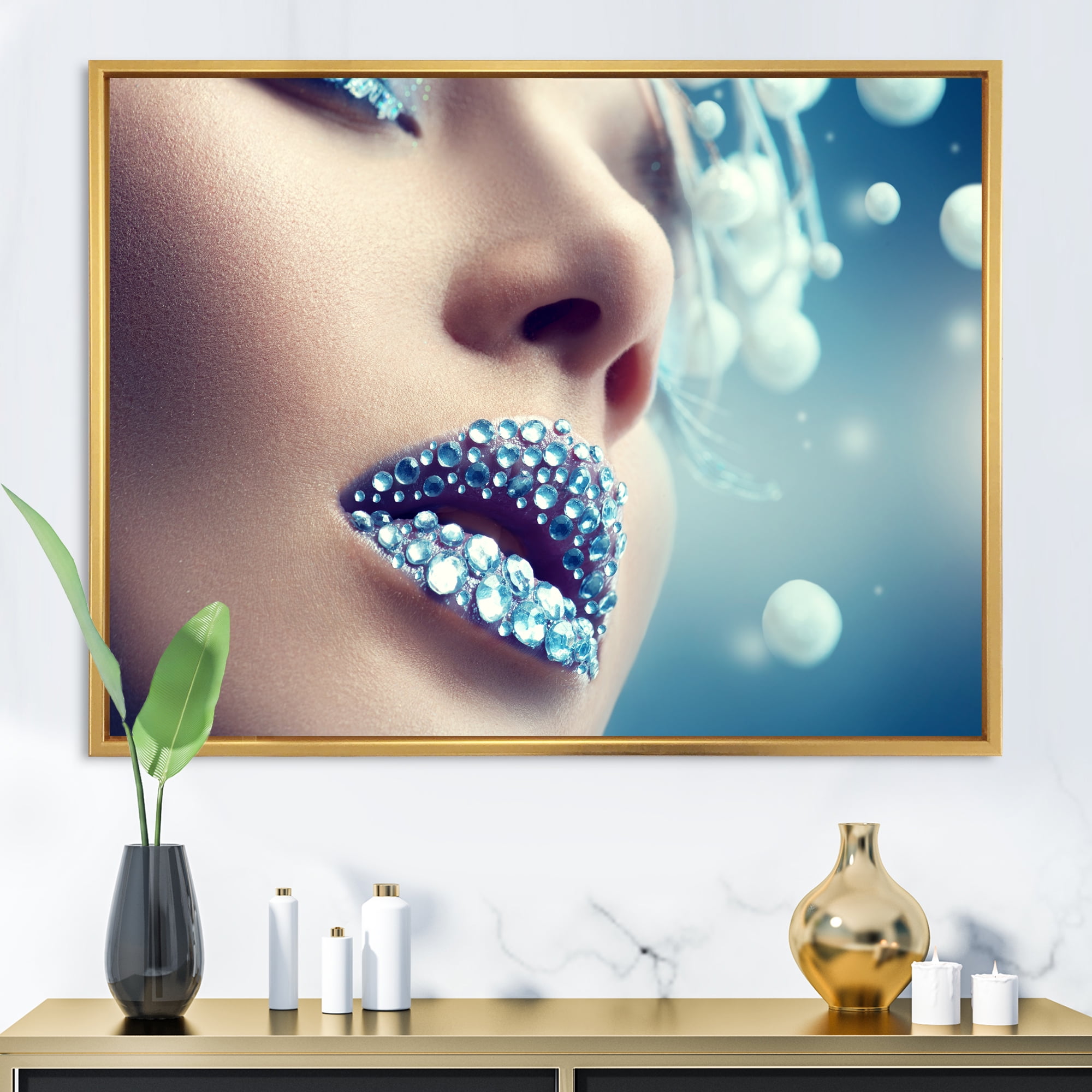 Designart 'Close-Up Of Gems On Female Lips' Modern Framed Canvas Wall Art Print