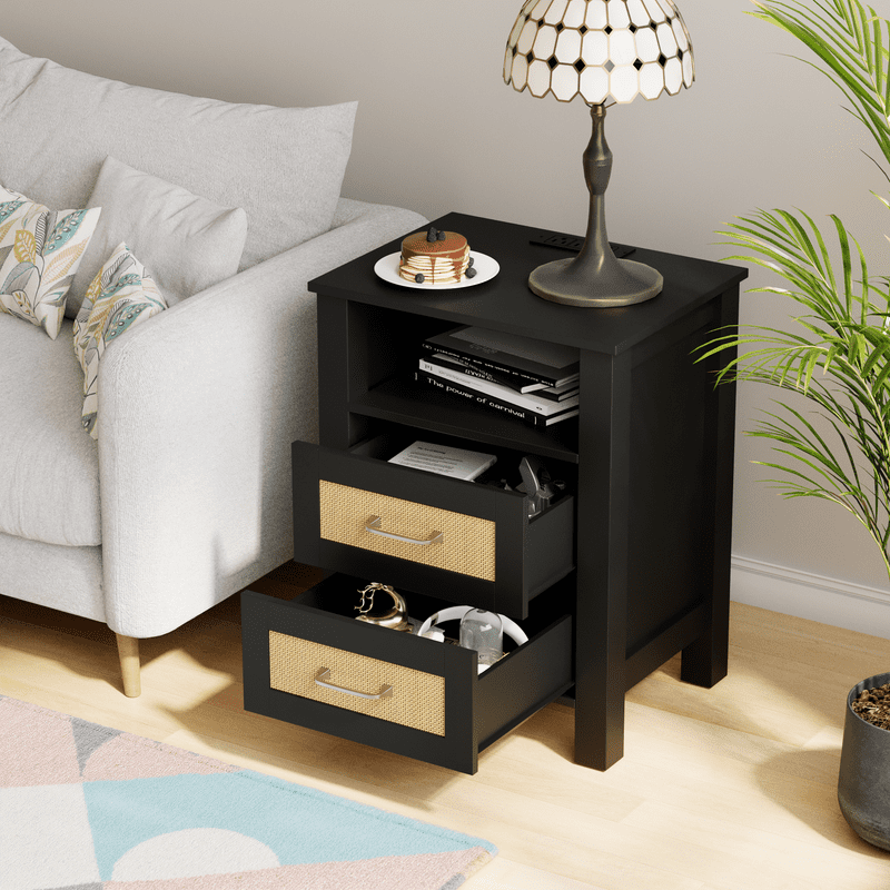 Homall 1 Piece Rattan Nightstand with 2 Drawers, Bedside Table End Table with Charging Station for Bedroom Living Room, Black
