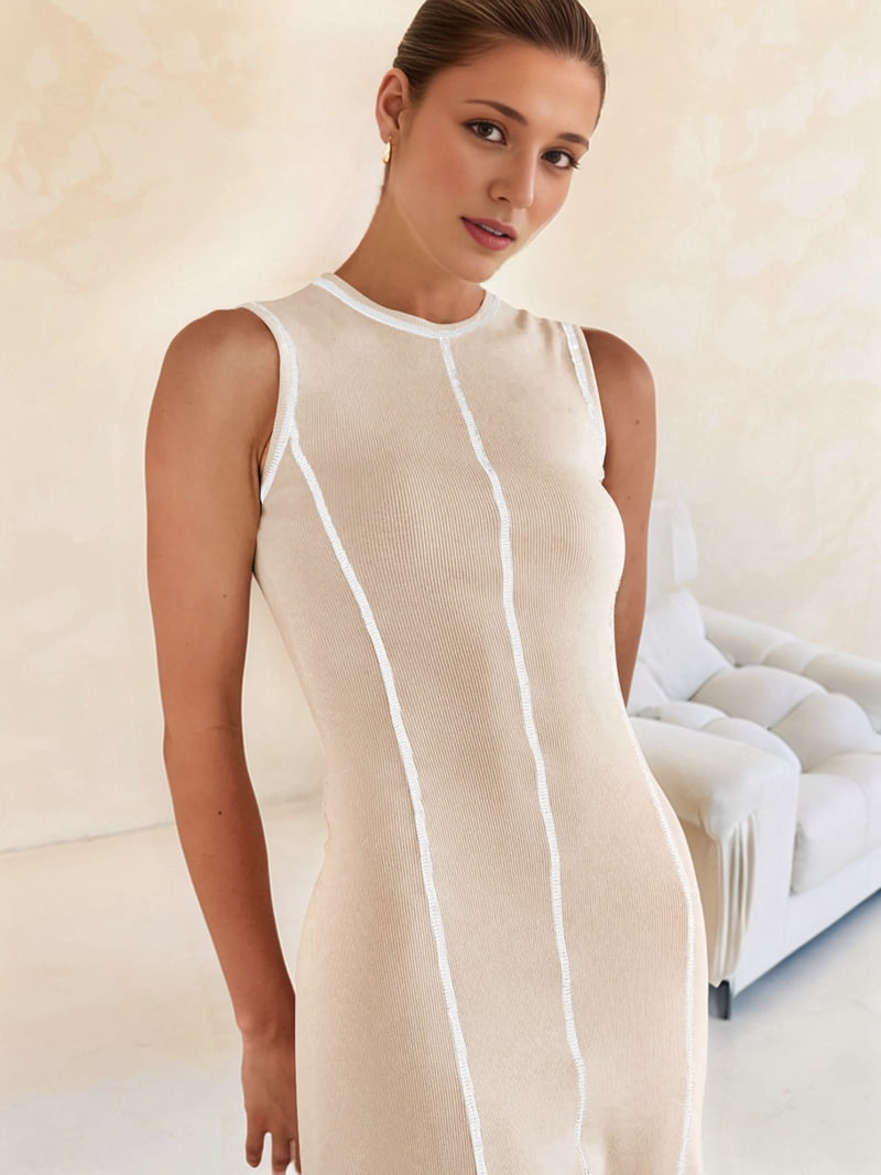 Womens Sleeveless T Shirt Dress Summer Contrast Ribbed Knit Tank Maxi Dresses Beige L