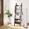 thumbnail image 5 of Blanket Ladder, 5-Tier Farmhouse Wooden Rack with Synthetic Leather Pocket, 4 Removable Hooks, Decorative Leaning Ladder Shelf, Black, 5 of 8