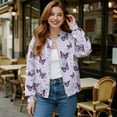 thumbnail image 2 of COEQINE Womens Cropped Bomber Jacket Zip Up Long Sleeve Motorcycle Jackets Stand Collar Cropped Bomber Coat Slouchy Shackets Sweatshirts Winter Coats, 4X-Large, Purple Butterfly Floral, 2 of 7