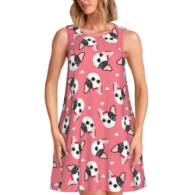 Easygdp French Bulldog Face para Vestido Transpirable de Mujer, Vestido Suelto de Manga Corta con Pliegues y Bolsillos para el Verano