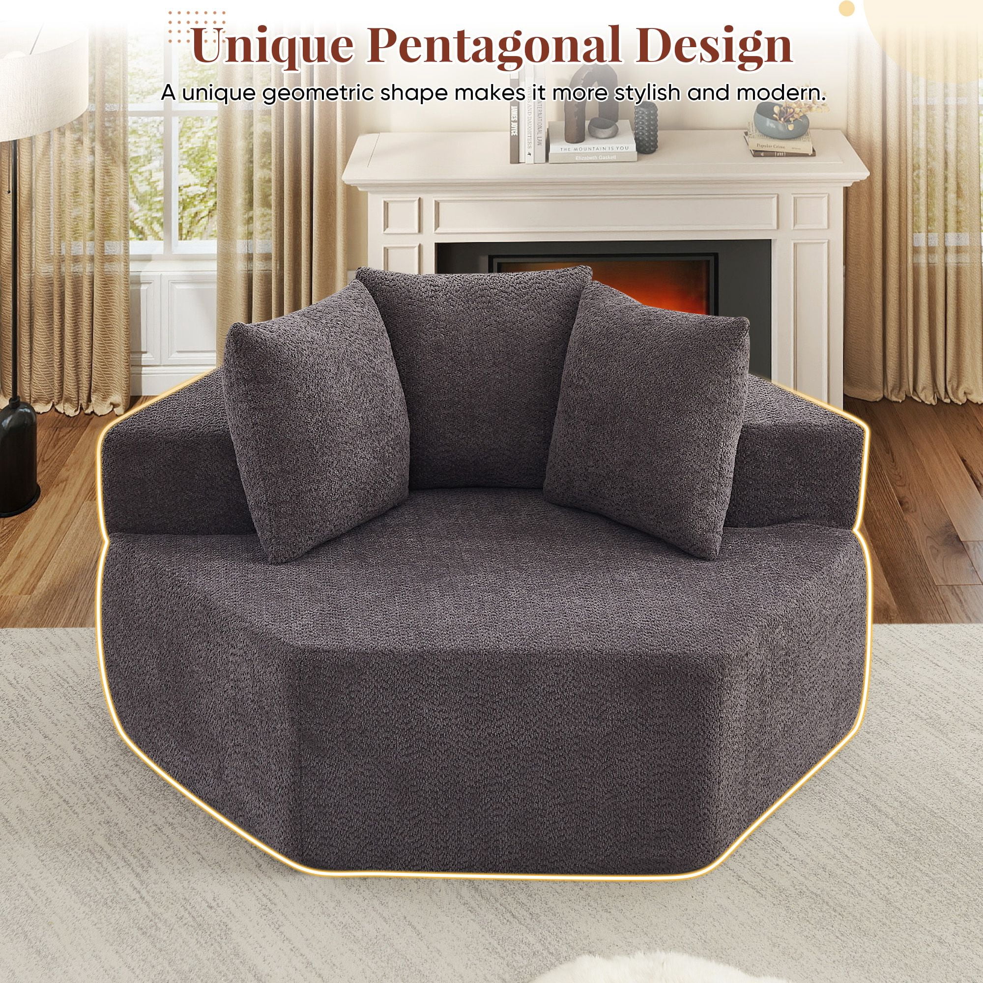 Lunale Oversized Boneless Chaise Lounge Chair Indoor, Round Cloud Couch, Accent Reading Chair for Living Room, Bedroom, Gray Chenille