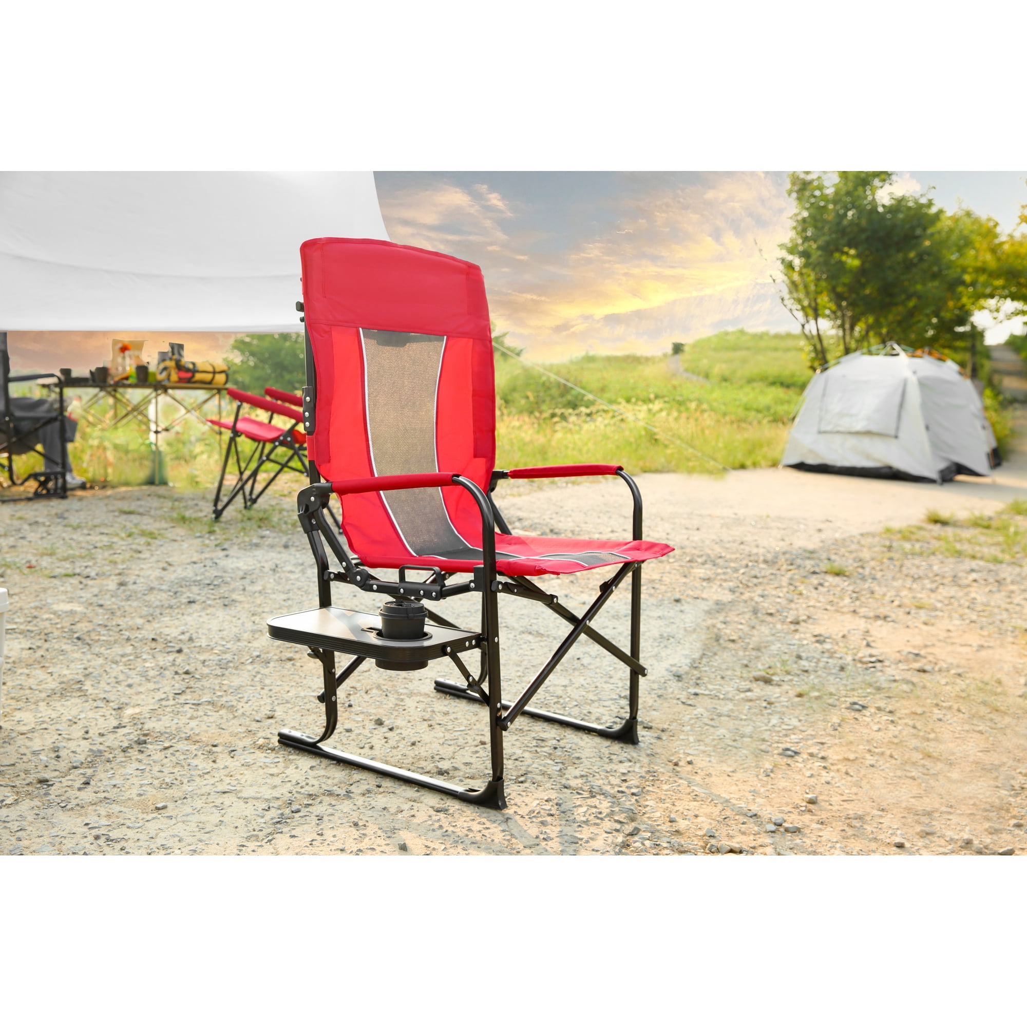 Leumius Camping Directors Chair,Oversized Heavy Duty Portable Folding Camping Chair with Side Table, Pocket for Beach,Fishing,Trip,Picnic,Lawn,Red