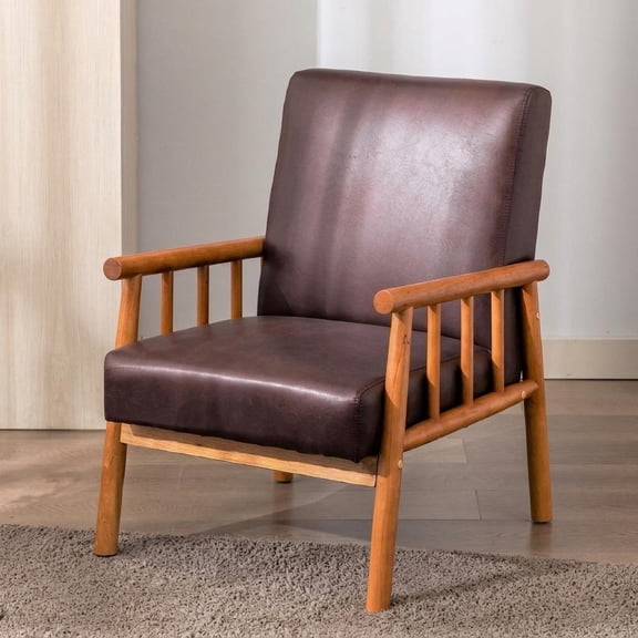 Armchair, Mid-Century Modern Accent Chair with Solid Wood Frame and Padded Seat, 25'' Wide Microfiber Upholstery, Dark Brown, for Living Room, Bedroom, or Home Office Space