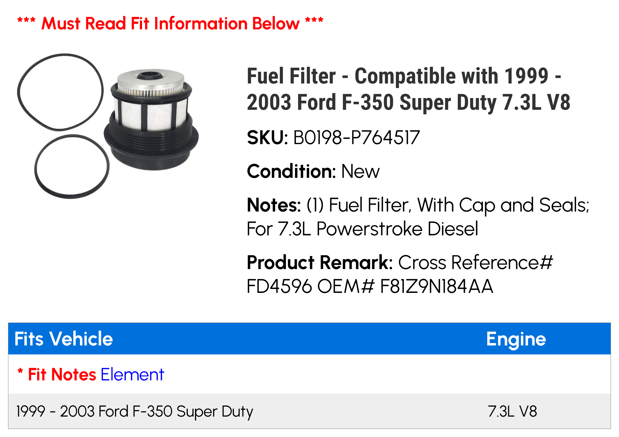 Fuel Filter - Compatible with 1999 - 2003 Ford F-350 Super Duty 7.3L V8 2000 2001 2002