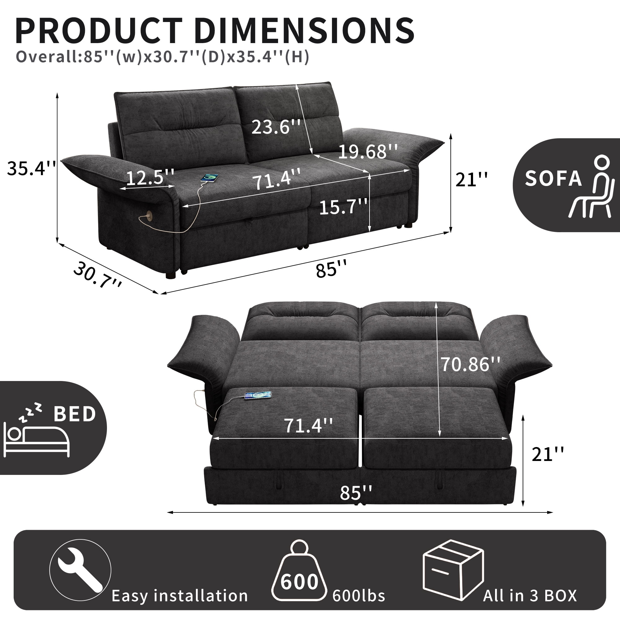 Leumius 85" Convertible Sofa Bed with Wood Frame,2-in-1 Upholstered Sleeper Sofa Bed with Pull Out Bed for Living Room,Apartment,600 lbs Capacity,Grey