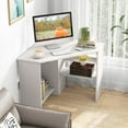 thumbnail image 2 of GOFLAME Corner Desk with Storage Shelves, Triangular Computer Desk with Cable Management Holes, Laptop Workstation for Small Space, Makeup Vanity Desk for Living Room, Study, White, 2 of 9
