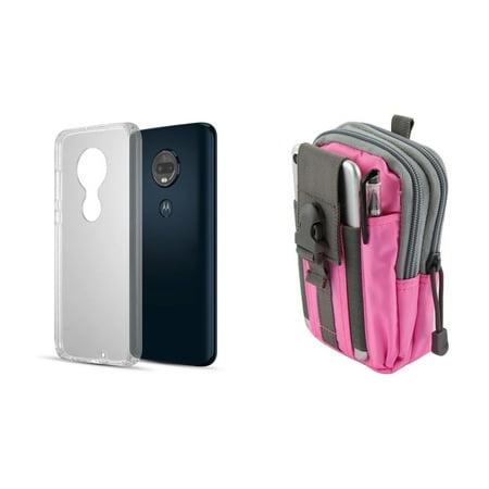 Bemz Fusion Series Bundle Compatible with Motorola Moto G7, Moto G7 Plus - Slim TPU Bumper Hybrid Protection Case (Crystal Clear), Travel Carrying Pack (Pink/Gray) and Atom