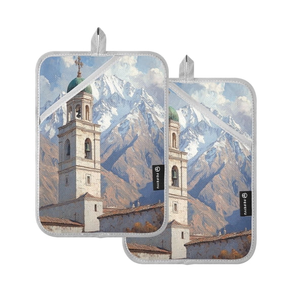 BZSMCE Pot Holder Oven Mitts Cooking baking White Bell Tower Creative Pattern Size:7x9.8in