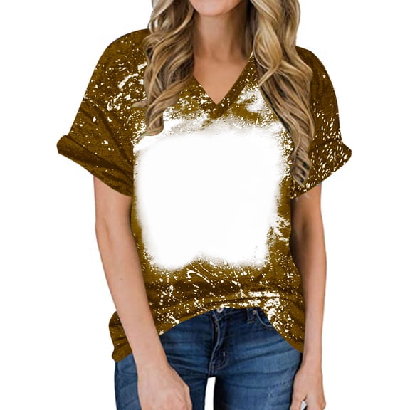 Homenesgenics Tops for Women Plus Size Tie-Dye Gradient V-Neck Short-Sleeve T-Shirt Tops/Shirt Brown M