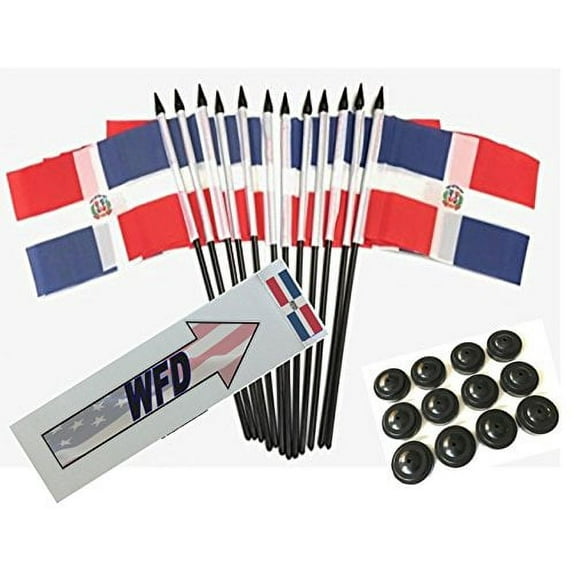 Box of 12 Dominican Republic 4"x6" Polyester Miniature Desk & Table Flags, 4x6 Dominican Small Mini Hand Waving Stick Flags with 12 Flag Bases (Stands)