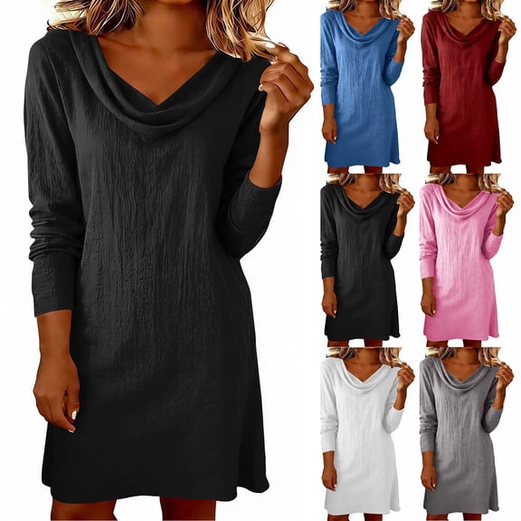 Women's Summer Cotton Linen Dress Long Sleeve Cowl Neck Mini Dress Casual Loose Fit Beach Dresses Boho Sundress