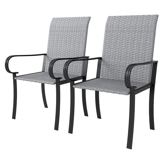 Outdoor Wicker Dining Chairs Set of 2, Steel Frame, Gray - Patio Furniture with Armrests & High Back