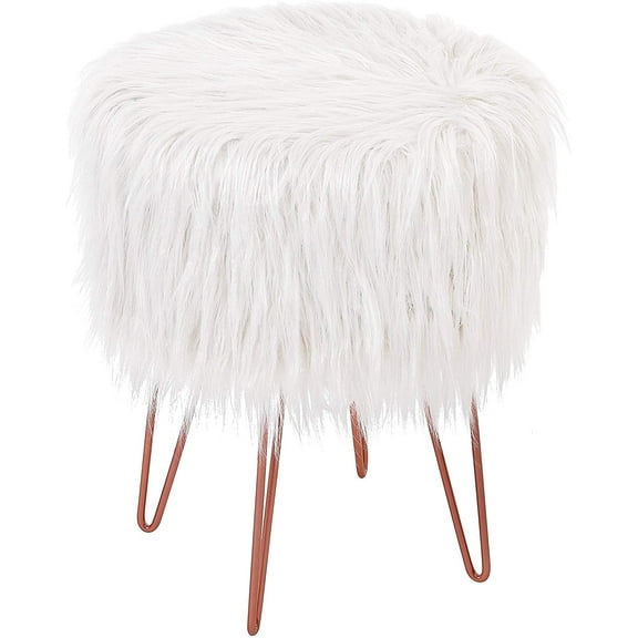 BirdRock Home Faux Fur Foot Stool Ottoman with Hair Pin Legs - White