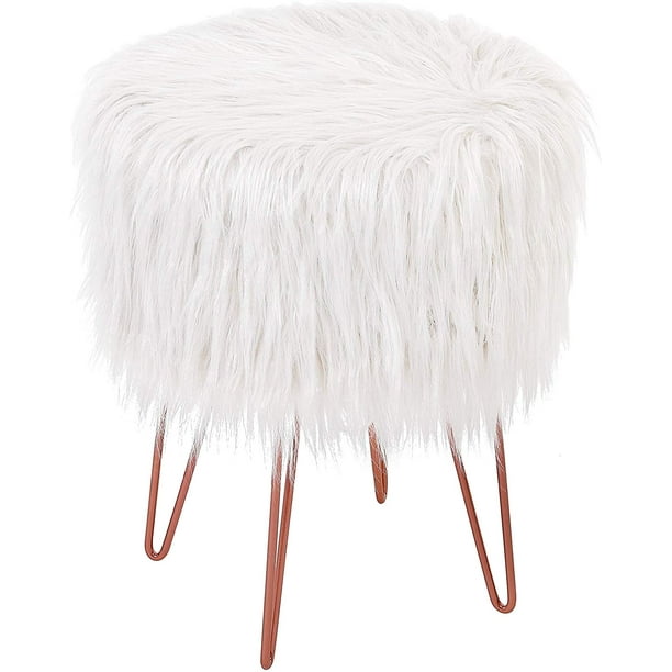 BirdRock Home Faux Fur Foot Stool Ottoman with Hair Pin Legs White