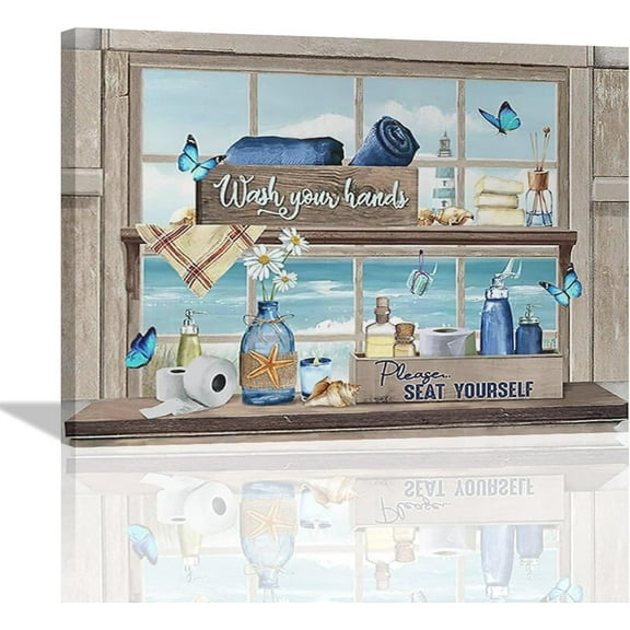 Bathroom Wall Art Blue Butterfly Daisy Bathroom Wall Decor Blue Sign Rustic Bathroom Canvas Pictures Artwork Framed for Bathroom Laundry Bedroom Living Room Kitchen 16"x12"