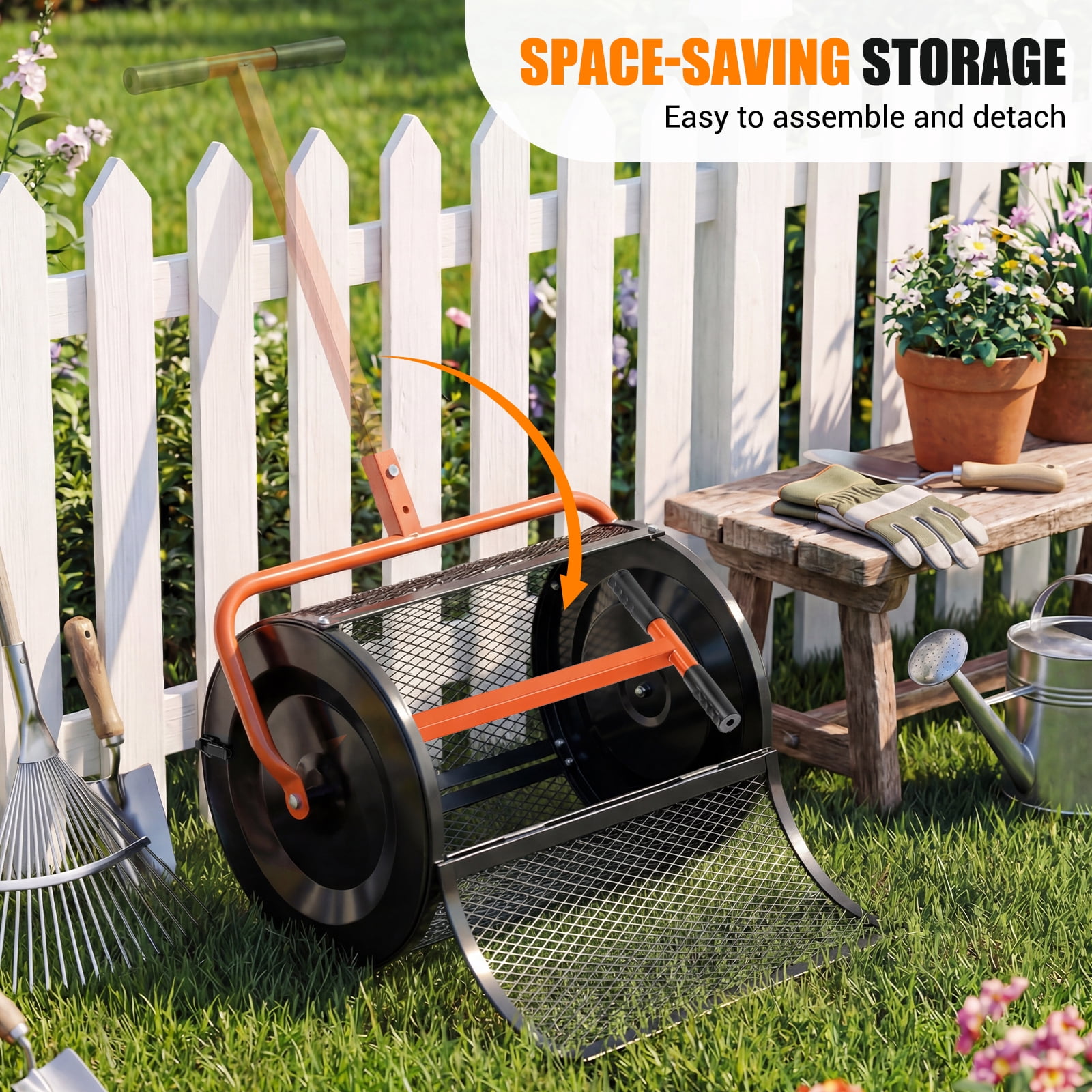 Gymax Compost SpreaderPeat Moss Spreader Roller w/Height-adjustable T-shape Handle Orange