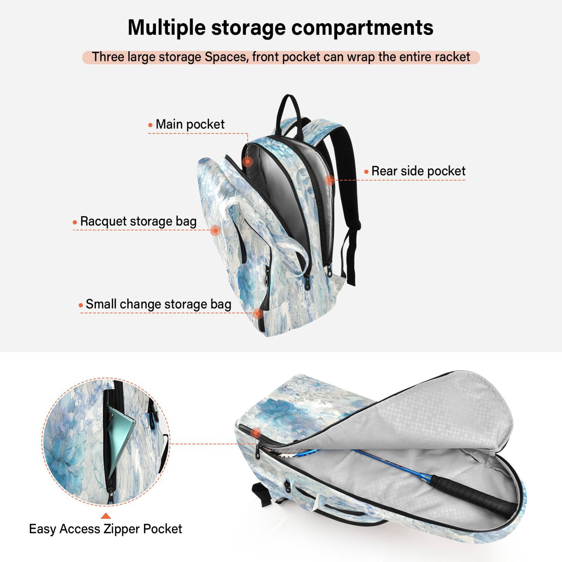 2 Racquet Holder Tennis Backpack Tennis Racket Covers Gym Bags Bright Blue Blooming Peonies