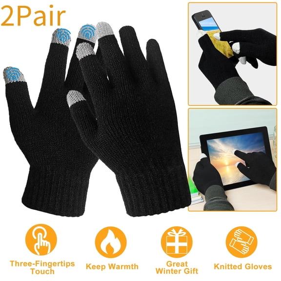 Moclever 2Pair Touch Screen Gloves, Unisex Full Finger Thermal Knitted Gloves for Winter Sports and Daily Use, Black