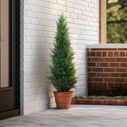 DR.Planzen Artificial Cedar Tree 2 Pack 3 ft Outdoor Artificial Topiary Cedar Plants Fake Tree UV Rated Potted Plants for Porch Decor Faux Pine Tree for Perfect Housewarming Gift