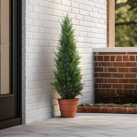 DR.Planzen Artificial Cedar Tree 2 Pack 3 ft Outdoor Artificial Topiary Cedar Plants Fake Tree UV Rated Potted Plants for Porch Decor Faux Pine Tree for Perfect Housewarming Gift