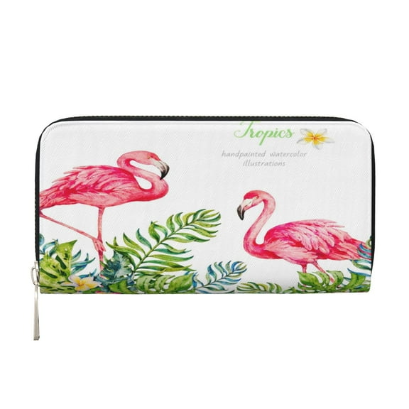 Leather Zipper Pocket Hand Wallet For Women And Men Travel Leather Purse Large Capacity Credit Card Holder Flamingo Tropical Leaves Watercolor